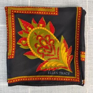 Linda Allard For Ellen Tracy Silk Scarf Black Red Gold Square Silk Scarf